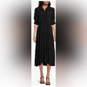 A Loves A Button Down Collar Balloon Cuff Sleeve Tier Waisted Misi/Maxi Dress